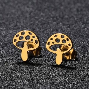 Gold Mushroom Earrings Gold Tone Stainless‎ Steel Funky Cute Stud Earrings Steel